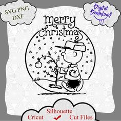 a merry christmas card with a cartoon dog and snow globe in the center, surrounded by clouds