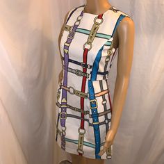 New With Tags Attached Super Cute And Flirty Love Moschino Graphic Printed "Belt" Dress. Multi Colored Belt Graphics On A White Background. Sleeveless With Back Zipper Entry. Cotton Blend. Size 40 (Size 4 Usa) Measures 13.5" Shoulders 14.5" Back 34.5" Length Made In Italy Retail $1150 Designer White Sleeveless Dress, Designer White Dresses For Work, Black Silk Midi Dress, Black Women Dress, Lame Dress, Moschino Dress, Black Pencil Dress, Green Cocktail Dress, Moschino Couture