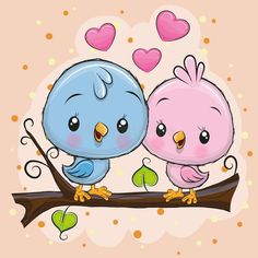 two blue and pink birds sitting on a branch with hearts in the sky behind them