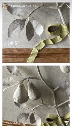 two photographs of leaves and branches on the wall with text that reads paper mache