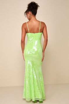 Light Green Maxi Party Dress, Light Green Maxi Dress For Party, Fitted Light Green Prom Dress, Lime Green Sleeveless Party Dress, Light Green Fitted Party Dress, Bustier Prom Dress, Lime Green Prom Dresses, Sequin Bustier, Latest Fashion Dresses