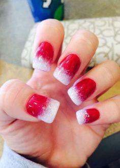 Nail Art Blanc, Red Ombre Nails, Red And White Nails, White Tip Nails, Sns Nails, Ombre Nails Glitter