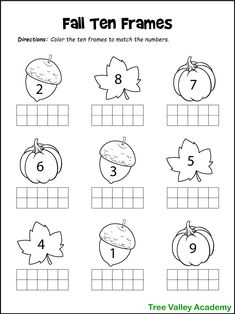 the fall ten frames worksheet for kids to learn how to write and color