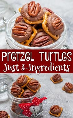 chocolate pretzel turtles in a glass jar with text overlay that says pretzel turtles just 3 ingredients