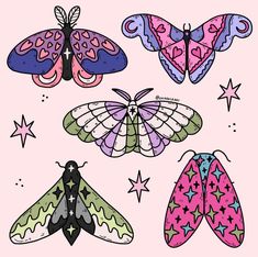 four different colored butterflies with stars on the back and one butterfly flying in the air