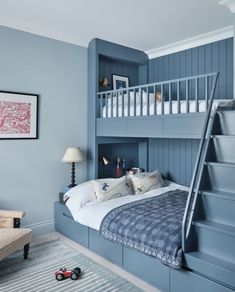 a bedroom with blue painted walls and stairs