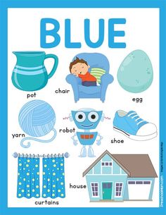 a blue poster with words and pictures for children's rooms, such as shoes, socks