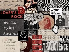 a collage of different types of music related items, including pictures and words on paper