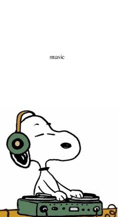 a cartoon dog with headphones sitting on top of a suitcase and listening to music