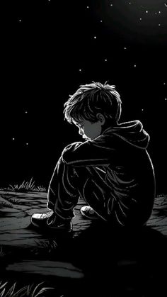 a boy sitting on the ground looking at the stars