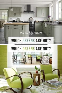 two pictures with green furniture in them and the words which greens are hot? which greens are not?