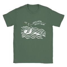 a green t - shirt with an image of a man swimming in the water and saying,