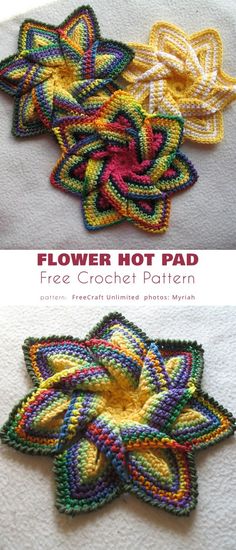 two pictures with different designs on them and the same one is made out of crochet