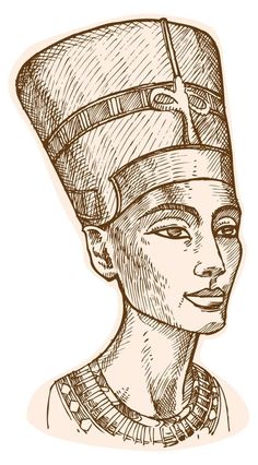 the head of an egyptian woman with a hat on her head, vintage line drawing or engraving