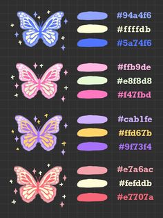 the numbers and colors of different butterflies are shown in purple, blue, pink, yellow