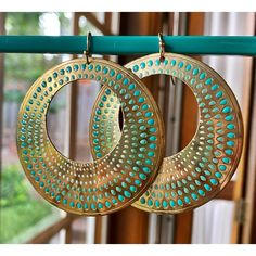 Unique Statement Earrings. Gold Metal With Fun Teal And White Details. Never Worn. 2 1/4 Inches In Diameter. Statement Earrings Gold, Turquoise Western, Western Earrings, White Details, Gold Statement Earrings, Teal And Gold, Earrings Color, Earrings Gold, Statement Earrings