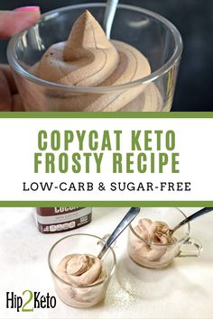 a person holding a spoon over a bowl of food with the words copycat keto frosty recipe low carb and sugar - free