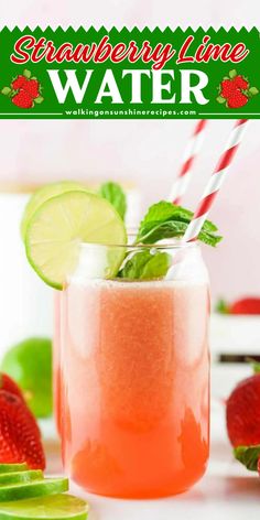 Quench your thirst with this refreshing summer drink idea! This strawberry lime water recipe has a natural sweetness from the fresh strawberries. You'll love its taste and won't be guilty because it's healthy! Don't miss this recipe, save it now! Lime Infused Water, Lime Water, Low Calorie Drinks, Strawberry Lime, Easy Summer Meals