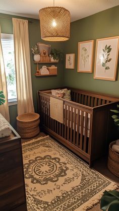 A cozy green nursery with dark wood furniture, botanical art, and woven accents for a warm, inviting feel. Dark Wood Nursery, Green Nursery Ideas, Neutral Nursery Ideas, Nature Inspired Nursery, Nursery Layout, Cozy Baby Room, Dark Wood Furniture, Wood Nursery, Baby Room Neutral