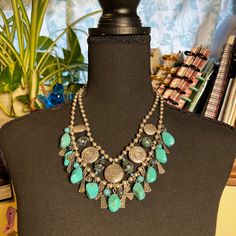 Vintage You & I Chunky Southwestern Bib Necklace Condition: Pre-Owned Good Nickel-free Southwestern Style Necklace For Festival, Nickel-free Southwestern Necklace For Festival, Nickel-free Southwestern Necklace For Festivals, Nickel-free Southwestern Style Jewelry For Festivals, Southwestern Turquoise Necklace For Festivals, Southwestern Style Turquoise Necklace For Festivals, Nickel-free Bohemian Turquoise Necklace, Nickel-free Bohemian Dangle Turquoise Necklace, Wedding Necklaces