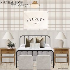 the neutral boys bedroom is decorated with plaid wallpaper and white bedding, along with two nightstands