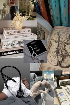 a collage of pictures with books and medical equipment in them, including a stethoscope