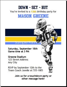 a football player birthday party card with an image of a man in uniform on it