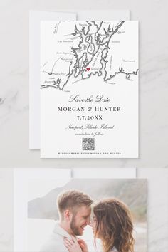 the map save - date cards are printed on white paper and include a photo of two people