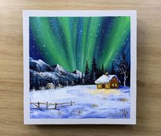 a painting of a cabin in the snow with an aurora bore above it and trees