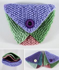 crocheted purses with buttons are shown in three different colors