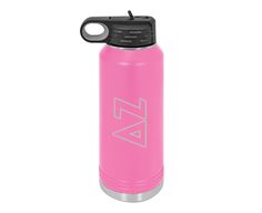 a pink water bottle with the word la on it's side and a black lid