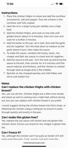 an iphone screen showing the instructions for cooking chicken in ovens and then using it to cook