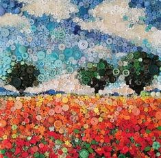 a painting made out of buttons with trees in the distance and clouds above it on a blue sky background