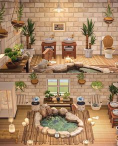 an aerial view of a living room and dining area with potted plants on the wall