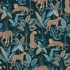 an animal themed wallpaper with leopards, palm trees and other tropical plants on a dark blue background