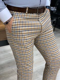 Lendfield Cream Plaid Slim Pants – BOJONI Slim Fit Pants Men, Yes But, Formal Pants, Cute Pants, Plaid Pants, Pants Design, Gentleman Style, Slim Fit Pants, Mens Spring