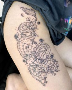 Dragons are viewed as guardians, bringing longevity and happiness. Dragon Thigh Tattoo, Tattoo Font Styles, Dragon Tattoo Ideas, Full Leg Tattoos, Lavender Tattoo, Dragon Tattoos, Fire Tattoo