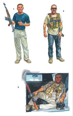 1) Security contractor, 2003-04 2) Ken 'Dusty' Duncan, security contractor, 2005 3) Alan Boydell, security contractor, 2017 Security Contractor, Soldier Drawing, International Affairs, Sci Fi Models, Military Soldiers, Military Gear, Historical Art