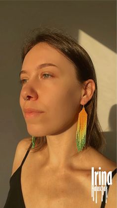 Orange and green earrings Beaded earrings Gradient seed bead earrings Long fringe earrings Native dangle earring beadwork jewelry Green Beaded Fringe Jewelry For Summer, Green Beaded Earrings With Fringe For Summer, Green Tassel Drop Earrings With Colorful Beads, Green Fringe Dangle Jewelry, Handmade Green Beaded Long Drop Earrings, Bohemian Green Beaded Fringe Earrings, Green Beaded Earrings With Fringe, Green Beaded Earrings With Beaded Fringe, Green Beaded Fringe Earrings With Round Beads