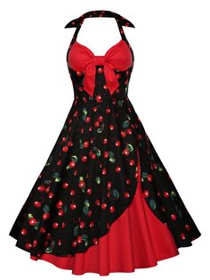 Halter Cherry Print Dress - Red - 3323796213 - Women's Clothing, Dresses, Retro Dresses  #RetroDresses #Women's #Clothing # #Dresses # #Retro #Dresses 1950s Style Dresses, Cherry Fashion, Vintage Evening Dress, Cherry Print Dress, Kawaii Clothes Goth, Poodle Skirt, Pinup Couture, Vintage Skater, 1950s Style