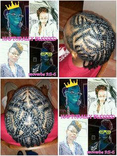 several pictures of different braids on top of a person's head with glasses