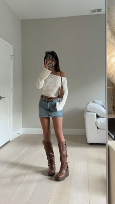 Get inspired with 35+ Fall Outfits You Can’t Get Around on Pinterest This Year! From cute fall outfits to ținută casual looks, these styles are a must-try. Explore overalls outfit ideas and embrace the aesthetic overalls outfit trend. Whether you’re at a pumpkin stand or channeling the VSCO girl aesthetic, these outfits will keep you stylish all season. Find outfit inspo cute enough for any occasion, and don't forget to check out cute pose ideas to capture the perfect shot! Off Shoulder Sweaters Outfit, Fall Outfits 2024 Boots, Cute Brown Fall Outfits, Off Shoulder And Skirt Outfit, Fall Skirt Outfits Casual, Casual Cute Going Out Outfits, Skirt And Brown Boots Outfit, Brown Fall Boots Outfits, Autum 2024 Outfits