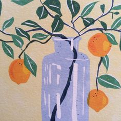 a painting of an orange tree in a blue vase with leaves on the branch, against a yellow background