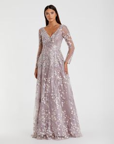 Embroidered Lace Wrap Over Illusion Long Sleeve A Line Gown Fall Formal Dresses, Destination Wedding Guest Dress, Lilac Gown, Plus Size Ball Gown, Designer Formal Dresses, Long Formal Dresses, Fall Wedding Guest Dress, Mac Duggal Dresses, Long Formal Dress