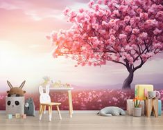 a child's room decorated in pastel tones with pink flowers and trees on the wall