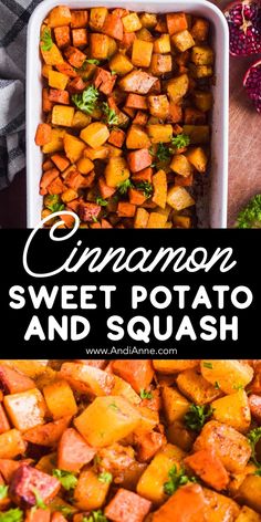 cinnamon sweet potato and squash with parsley in a white casserole dish on a wooden table