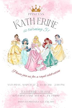 the princess birthday party is going on in this pink and yellow watercolored poster