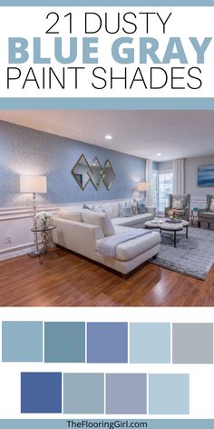 a living room with blue gray paint shades