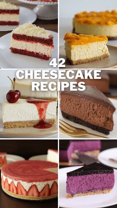 four different types of cheesecakes on plates with the words 42 cheesecake recipes