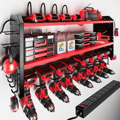 a red shelf filled with lots of different types of tools and equipment on it's sides